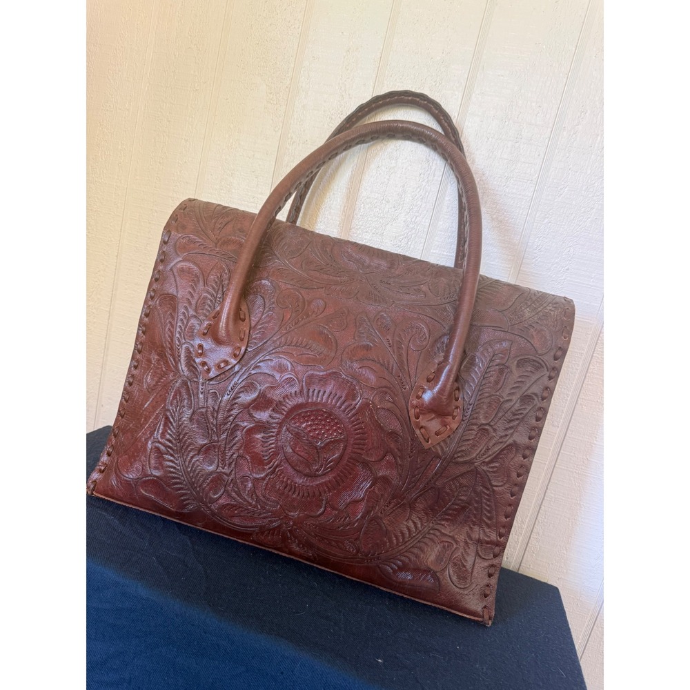Hand-Tooled Floral Leather Tote in Dark Brown - Picture 3 of 8